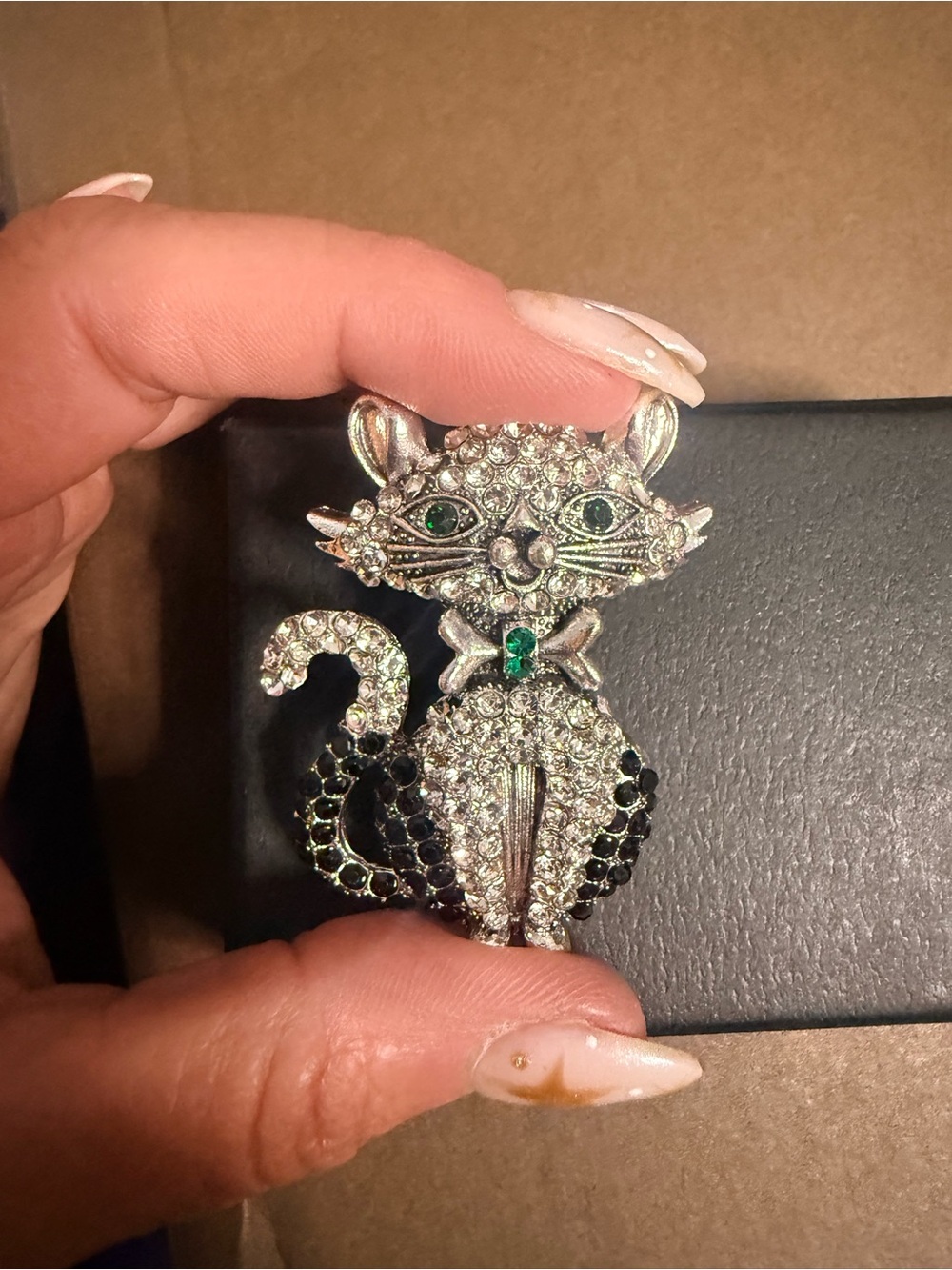 The Dapper Crystal Cat Brooch Pin - Silver and Black
